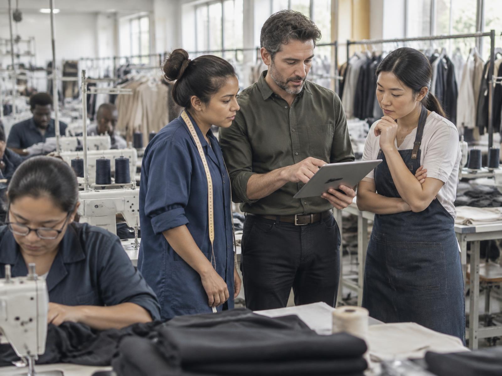 Garment technicians and an industrial engineer reviewing production data on a factory floor