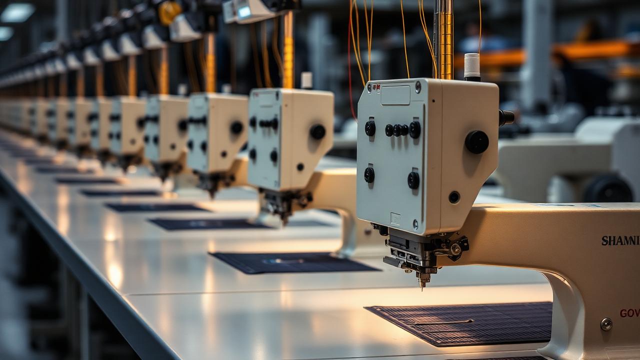 Row of industrial lockstitch sewing machine heads with needle and thread detail