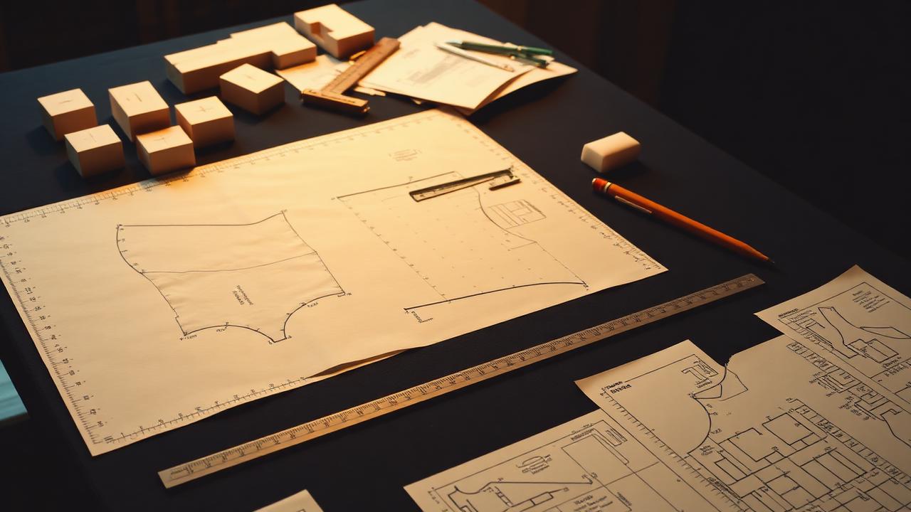 Pattern table with paper blocks, rulers and marker plan printouts