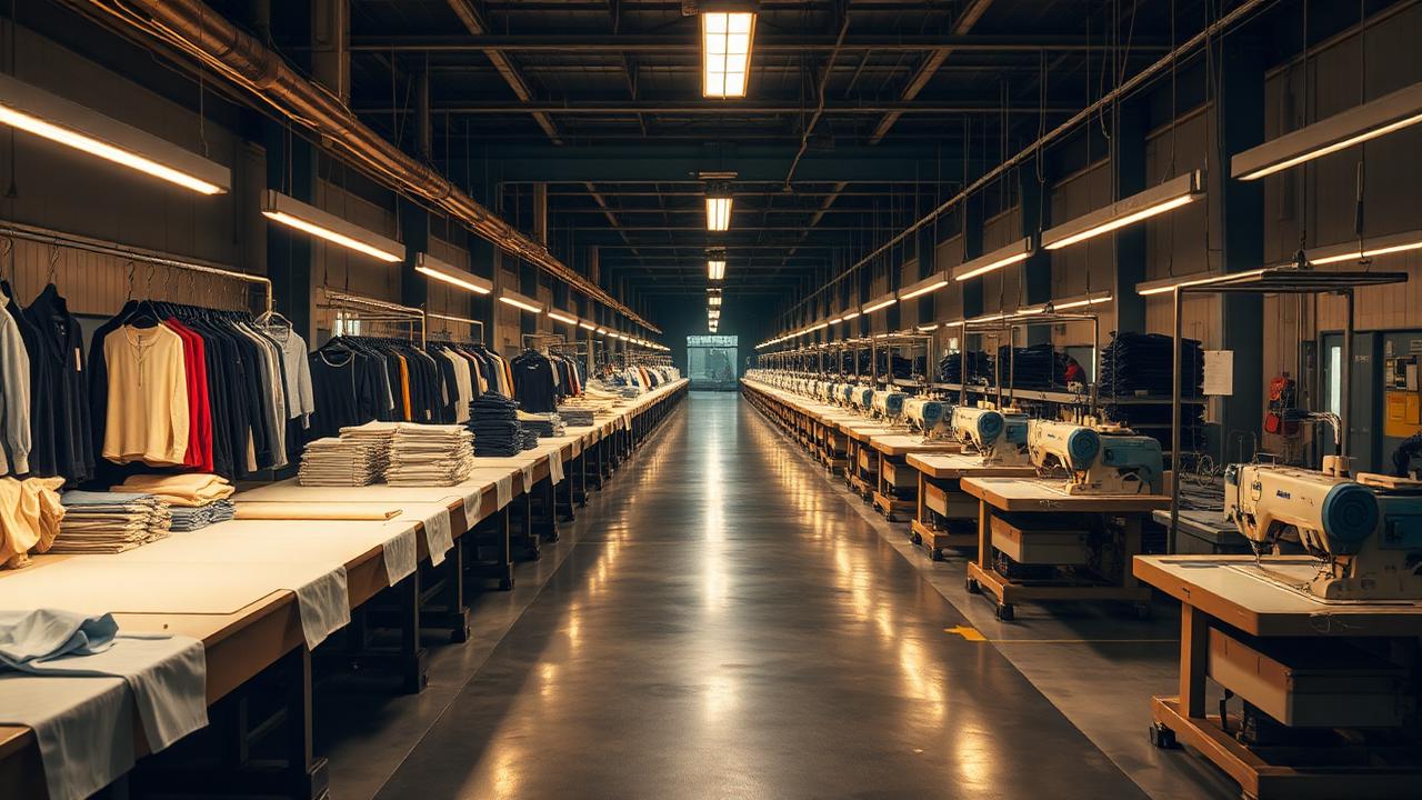 Garment factory hall showing cutting tables, sewing lines and finished garments