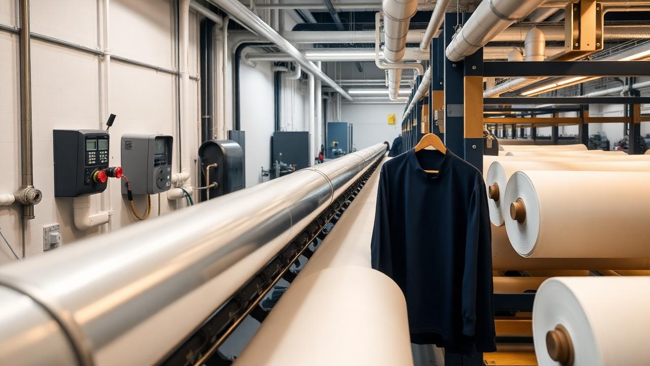 Water treatment pipework and fabric rolls inside a modern textile facility