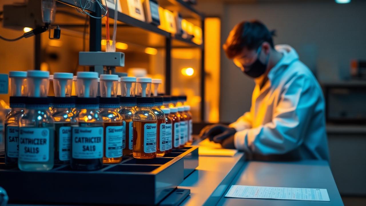 Technician in a textile laboratory working beside labelled chemical testing bottles