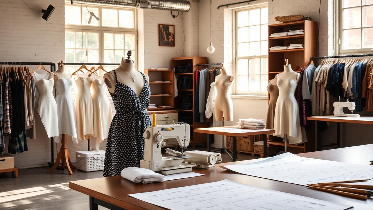 Sampling room with paper patterns on a cutting table, dress forms and a sewing machine in daylight