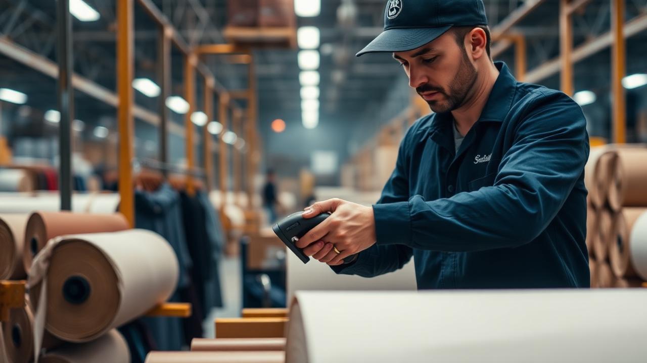 Warehouse operator scanning a barcode on a fabric roll with a handheld scanner